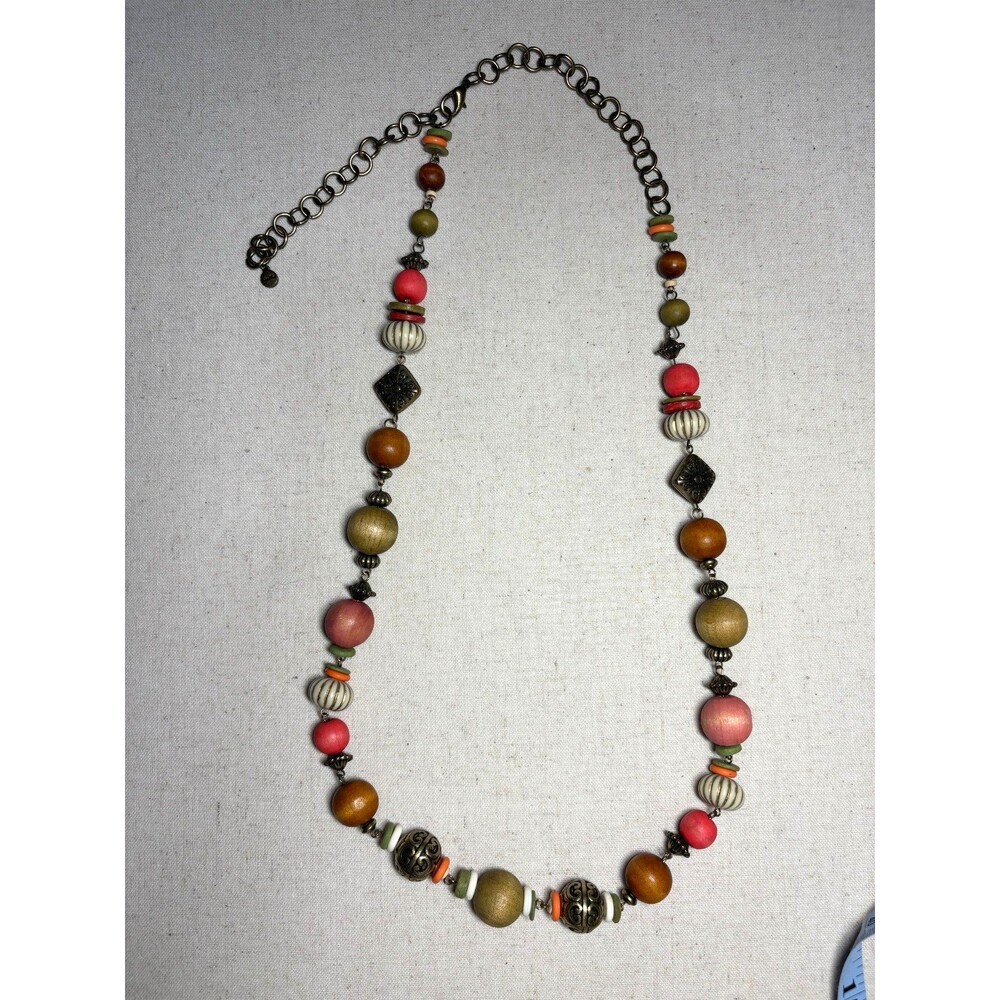 Ruby Rd Beaded Necklace Wood pink green Multi Media Brass Tone Boho Belt 38"